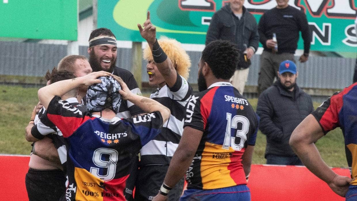 Temuka's winger Sione Osamu is elated after Ricky Neame scored a first half try against Harlequins