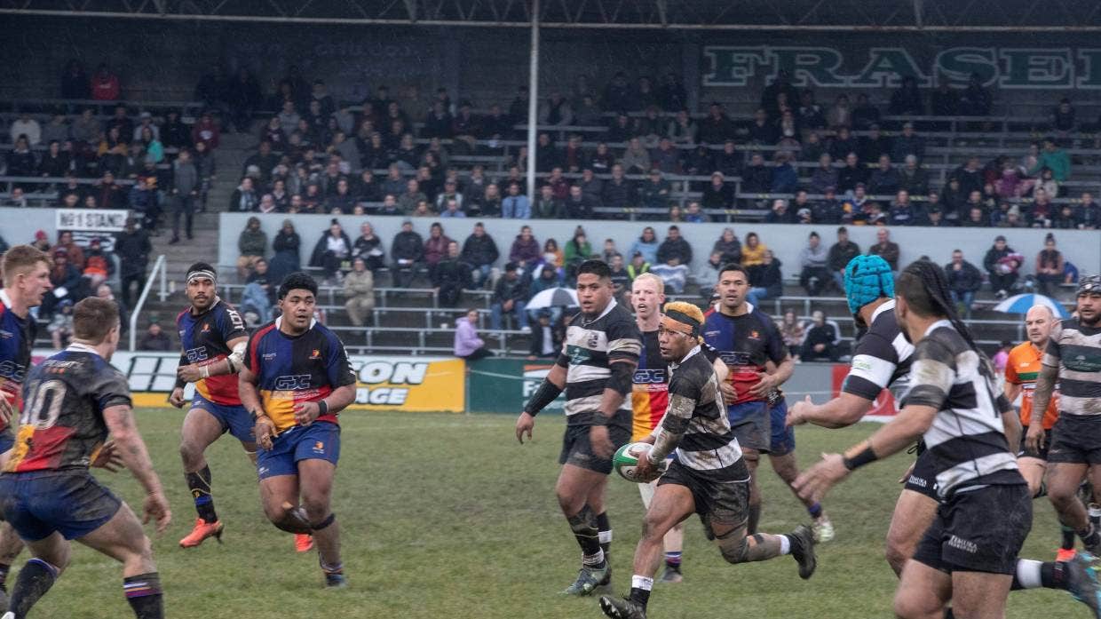 Temuka's Faalele Iosua runs at the Harlequins defence during the South Canterbury senior club rugby final.